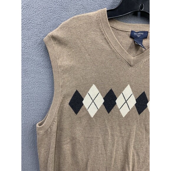 Dockers Sweater Vest Mens XL Beige Black Argyle V Neck 100% Cotton Sleeveless - Picture 11 of 13